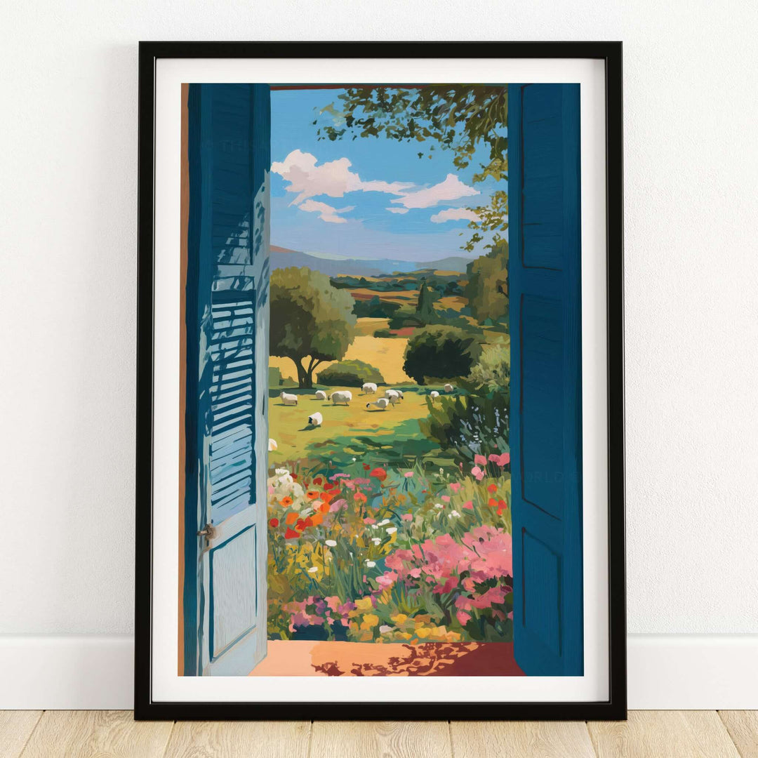 Matisse Open Window Art Print | Country View with Sheep Poster showcasing a vibrant countryside scene with grazing sheep.
