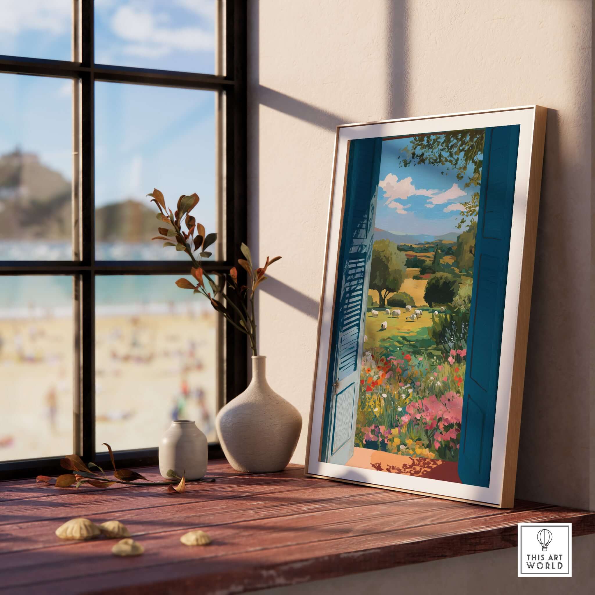 Matisse Open Window Art Print | Country View with Sheep Poster displayed in a bright room with a view.
