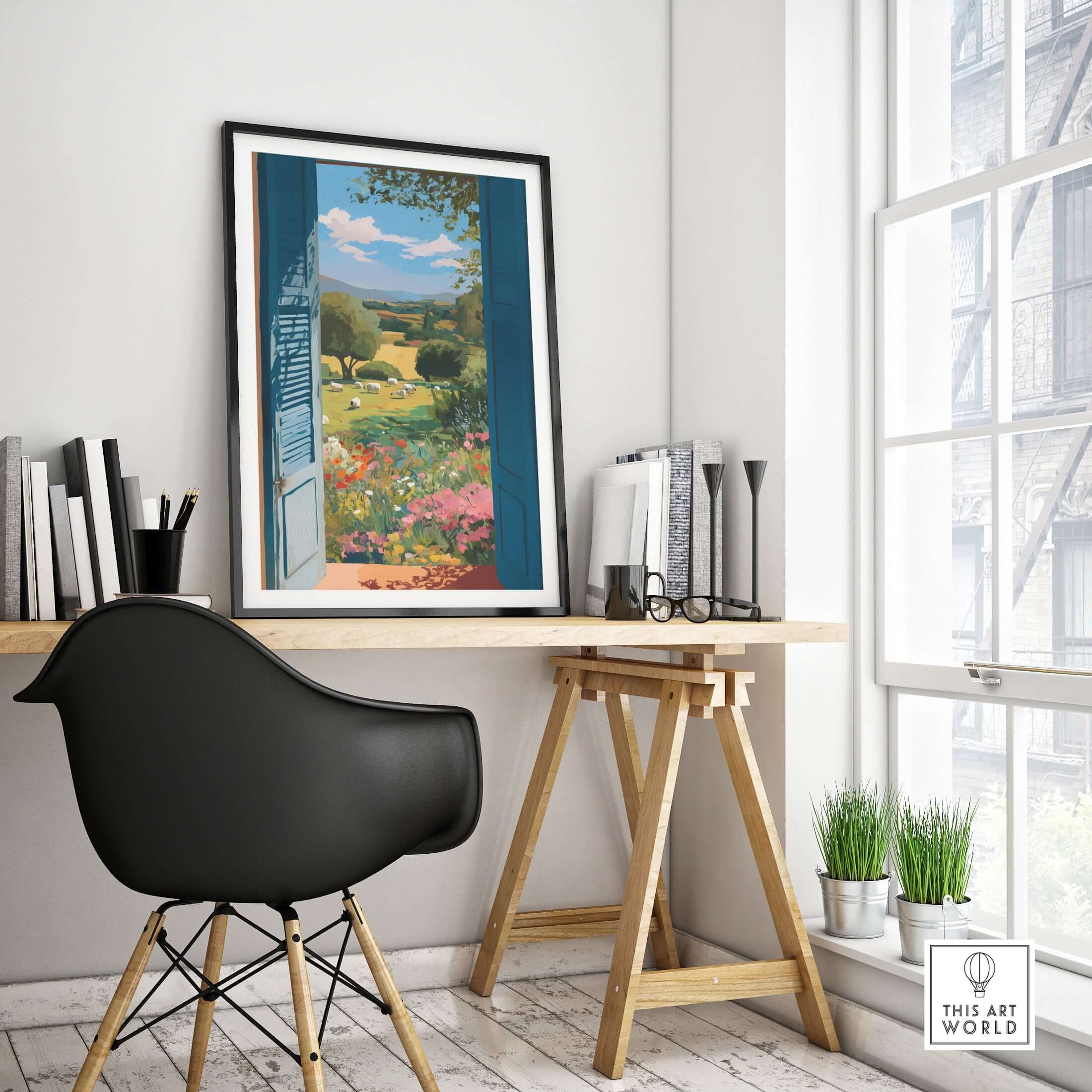 Matisse Open Window Art Print | Country View with Sheep Poster displayed in a modern workspace with stylish decor.