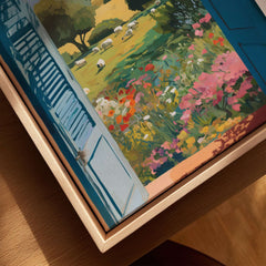 Matisse Open Window Art Print | Country View with Sheep Poster showcasing a vibrant countryside scene with sheep and flowers.