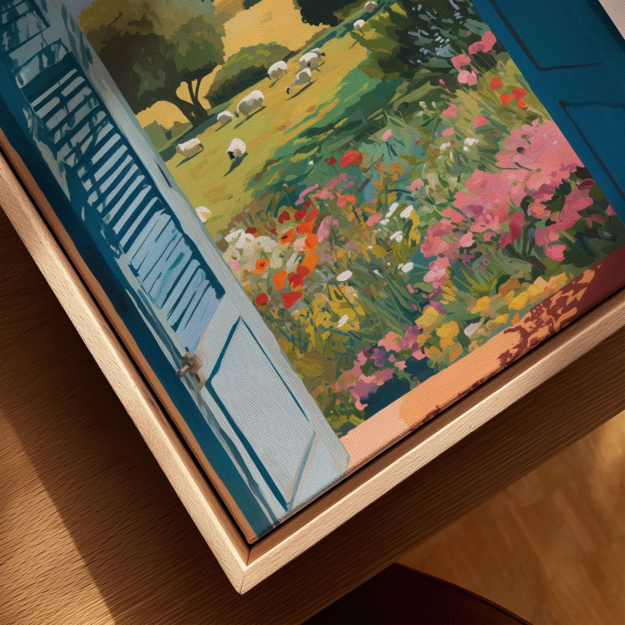 Matisse Open Window Art Print | Country View with Sheep Poster showcasing a vibrant countryside scene with sheep and flowers.