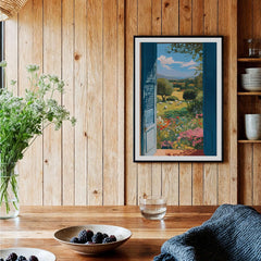 Matisse Open Window Art Print | Country View with Sheep Poster displayed in a wooden interior with plants and tableware.