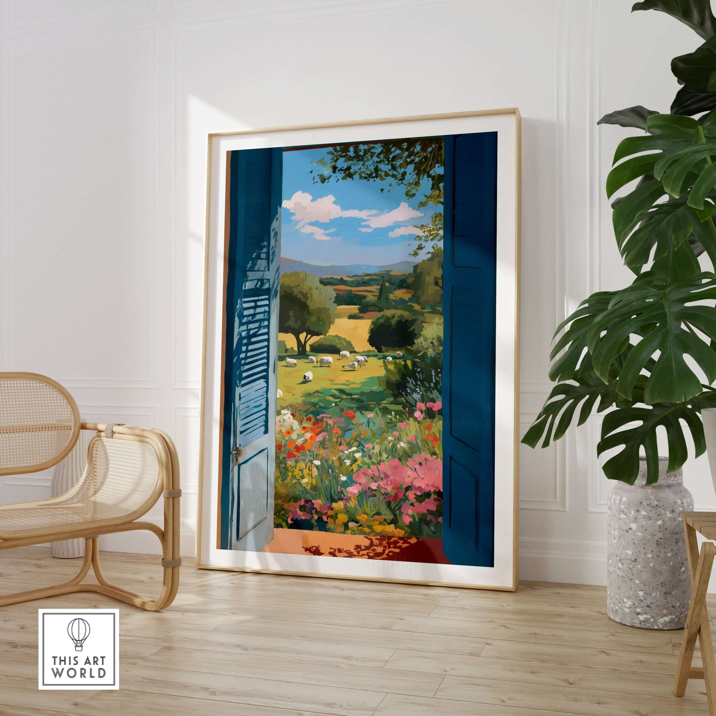 Matisse Open Window Art Print | Country View with Sheep Poster showcasing a serene countryside scene with sheep and vibrant flowers.