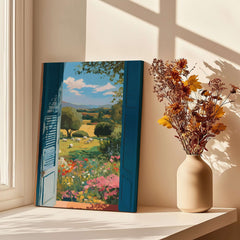 Matisse Open Window Art Print | Country View with Sheep Poster displayed beside flowers in a vase.