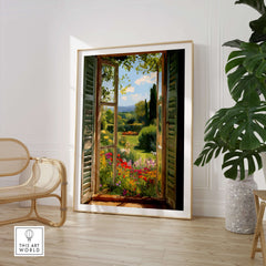 Matisse Open Window Art Print | Vibrant Flower Garden Landscape Poster in Style of Matisse with blooming flowers and lush view.