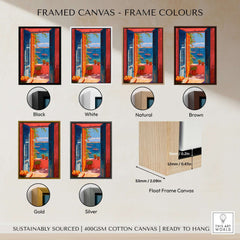 Matisse Open Window Mediterranean Sea View Art Print | Colorful Boats and Orange Door Poster frame color options display.