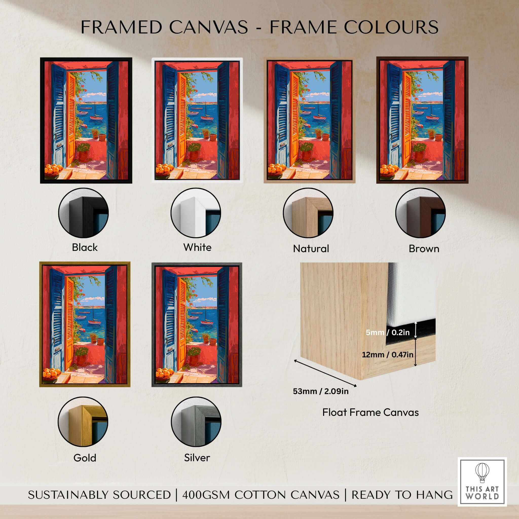 Matisse Open Window Mediterranean Sea View Art Print | Colorful Boats and Orange Door Poster frame color options display.