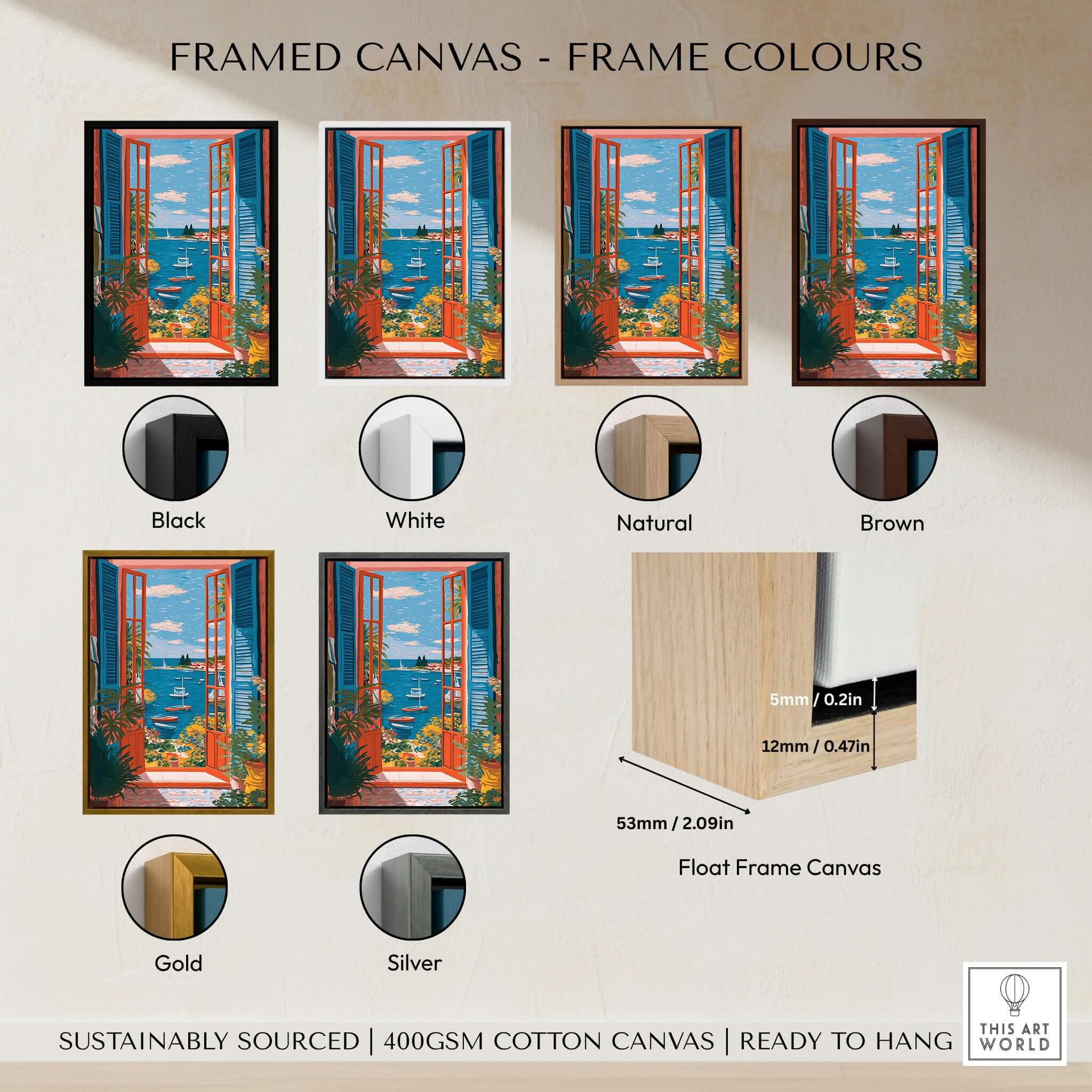 Framed canvas options for Matisse Open Window Sea View Balcony Art Print | Matisse Inspired in various colors.