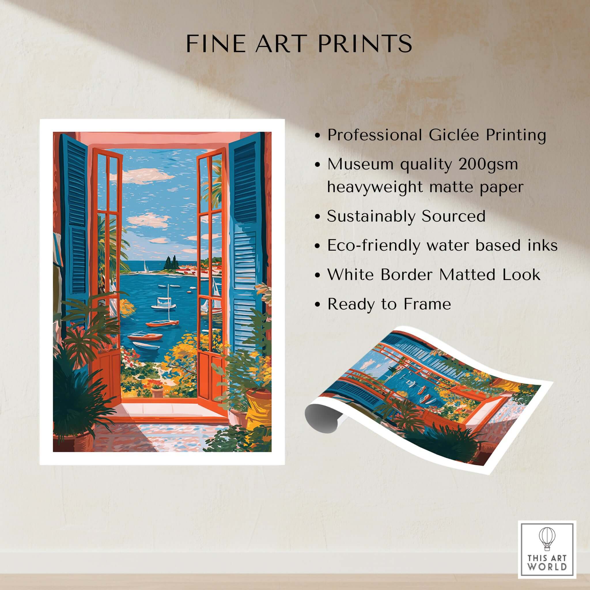 Matisse Open Window Sea View Balcony Art Print | Matisse Inspired featuring vibrant Mediterranean scenery.