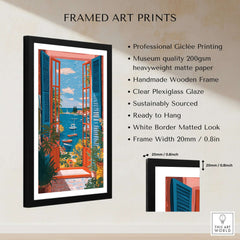 Matisse Open Window Sea View Balcony Art Print | Matisse Inspired displayed in a professional black frame with vibrant Mediterranean view.