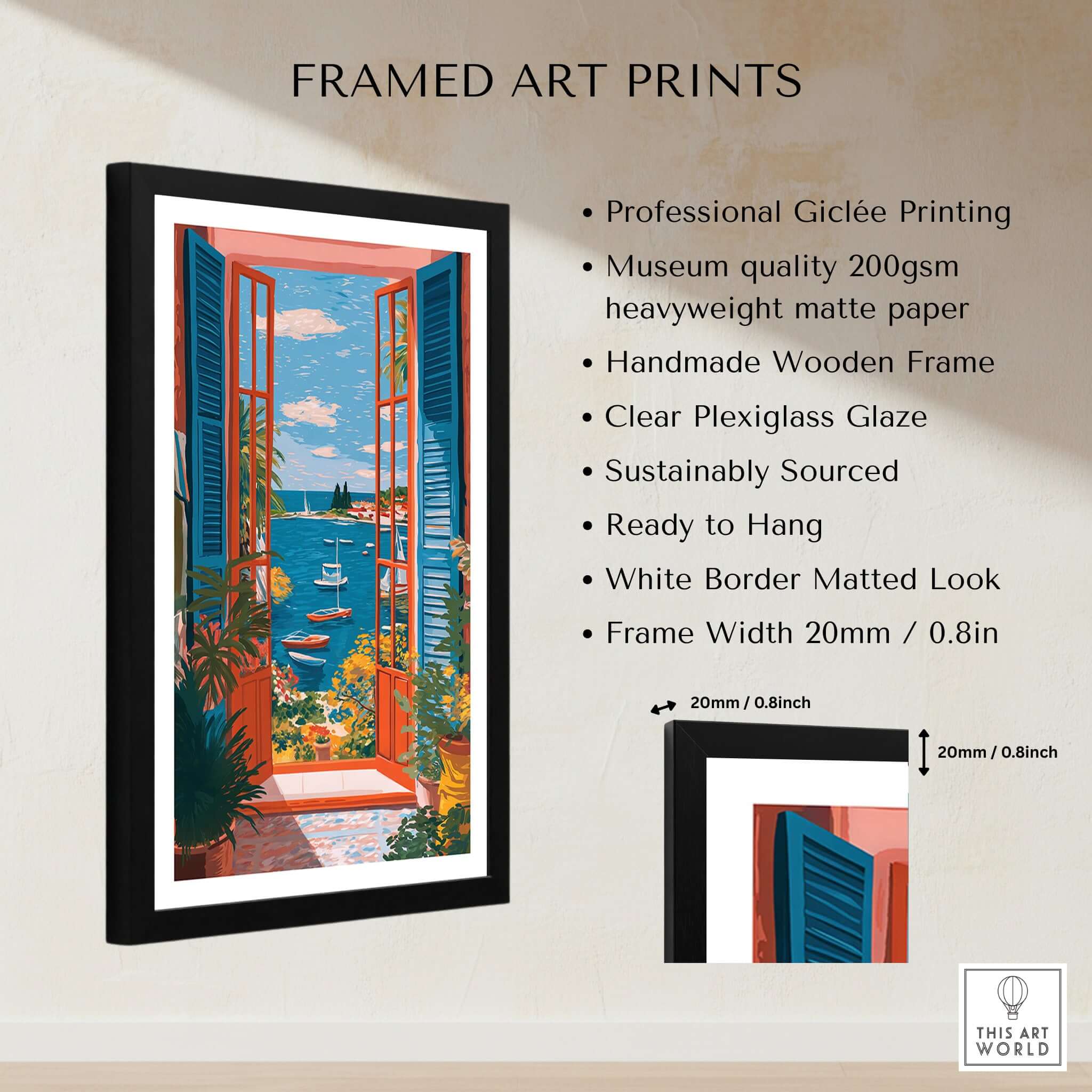 Matisse Open Window Sea View Balcony Art Print | Matisse Inspired displayed in a professional black frame with vibrant Mediterranean view.