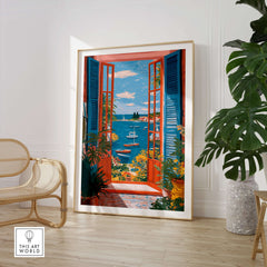 Matisse Open Window Sea View Balcony Art Print | Matisse Inspired displayed in a stylish room with coastal decor.