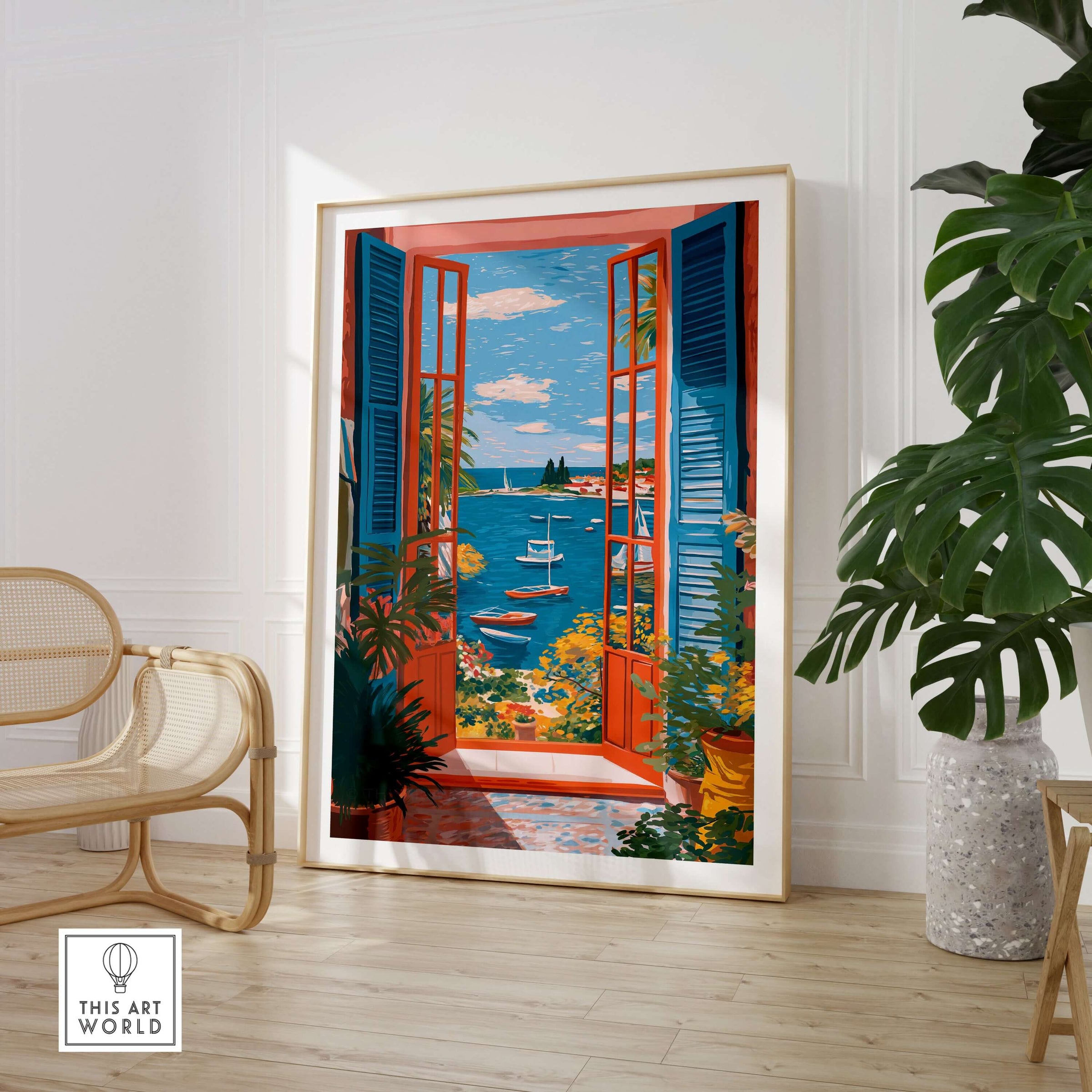 Matisse Open Window Sea View Balcony Art Print | Matisse Inspired displayed in a stylish room with coastal decor.