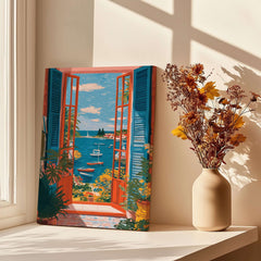 Matisse Open Window Sea View Balcony Art Print | Matisse Inspired displayed on a sunlit table with a vase of flowers.