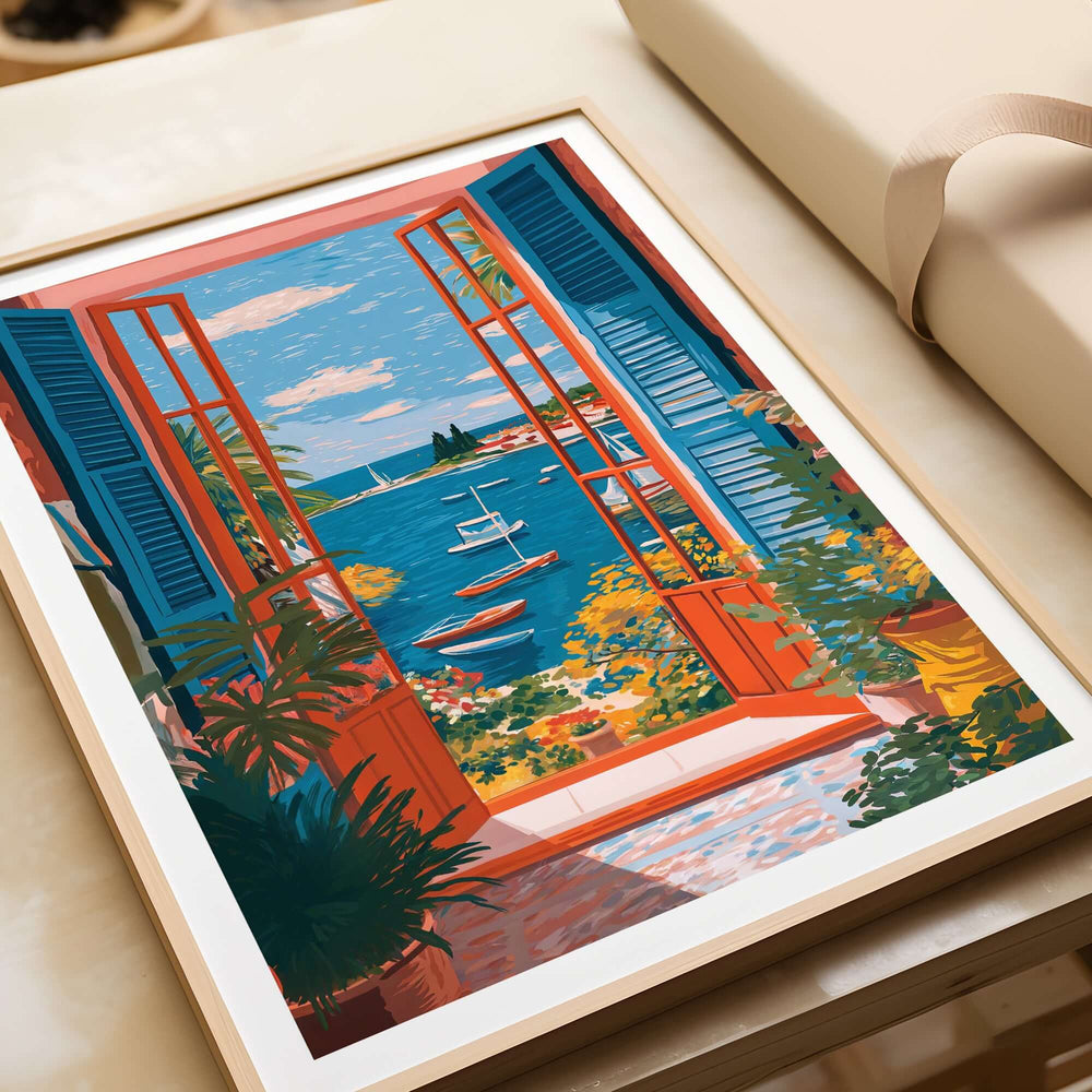 Matisse Open Window Sea View Balcony Art Print | Matisse Inspired showcased in a framed artwork setting with vibrant colors.