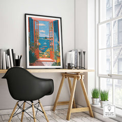 Matisse Open Window Sea View Balcony Art Print | Matisse Inspired displayed in a stylish room with a desk and chair.