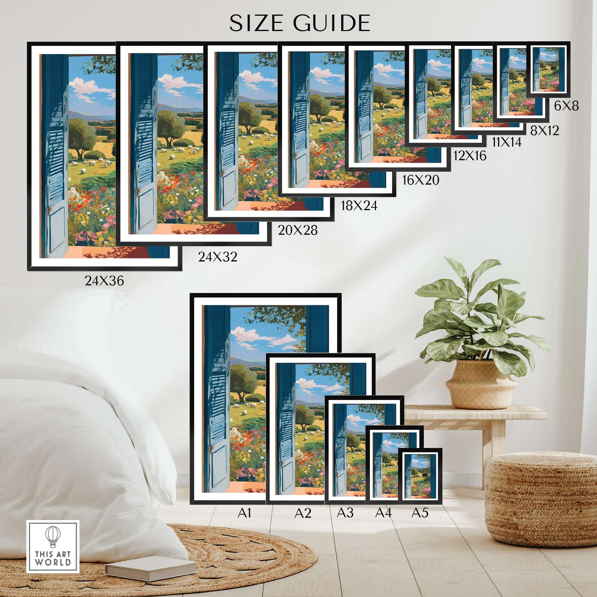 Matisse Open Window Art Print | Country View with Sheep Poster size guide showing various print dimensions in a stylish setting.