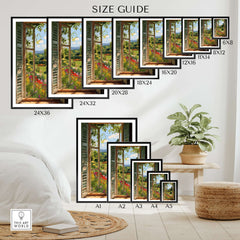 Matisse Open Window Art Print | Vibrant Flower Garden Landscape Poster in Style of Matisse size guide with various frame sizes.