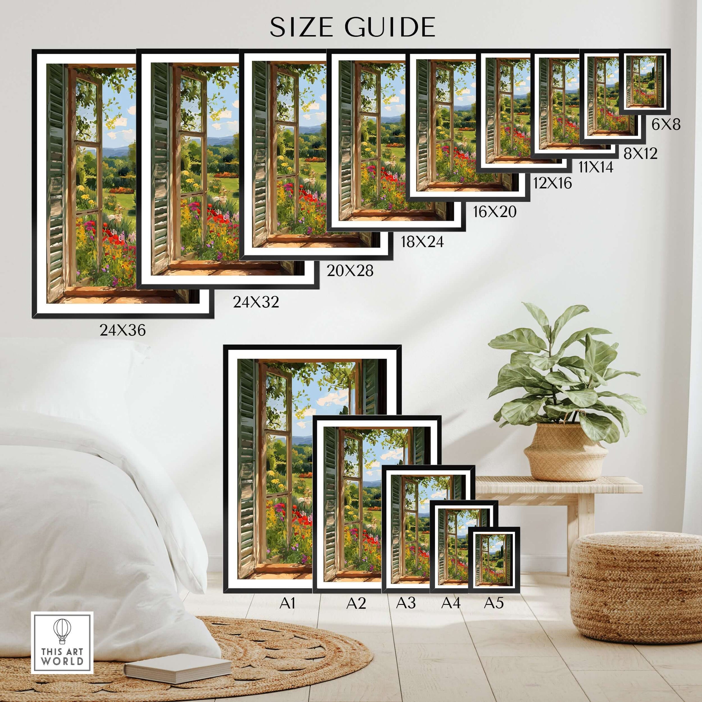 Matisse Open Window Art Print | Vibrant Flower Garden Landscape Poster in Style of Matisse size guide with various frame sizes.