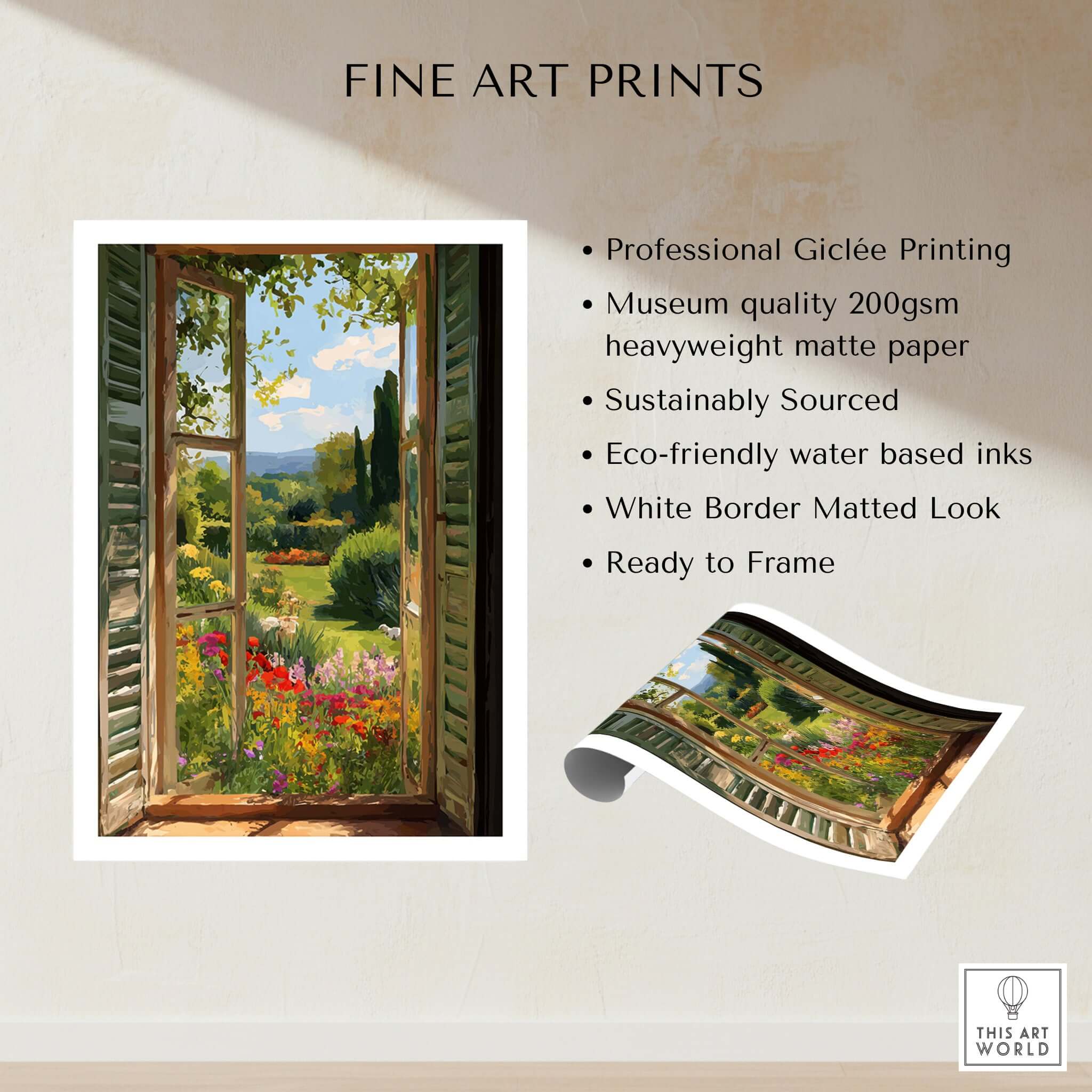 Matisse Open Window Art Print | Vibrant Flower Garden Landscape Poster in Style of Matisse with floral scenery and Giclée printing.