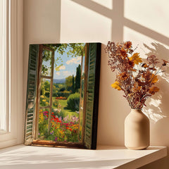 Matisse Open Window Art Print | Vibrant Flower Garden Landscape Poster in Style of Matisse displayed near a vase of flowers.
