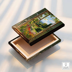 Matisse Open Window Art Print | Vibrant Flower Garden Landscape Poster in Style of Matisse showcased on an open decorative box.