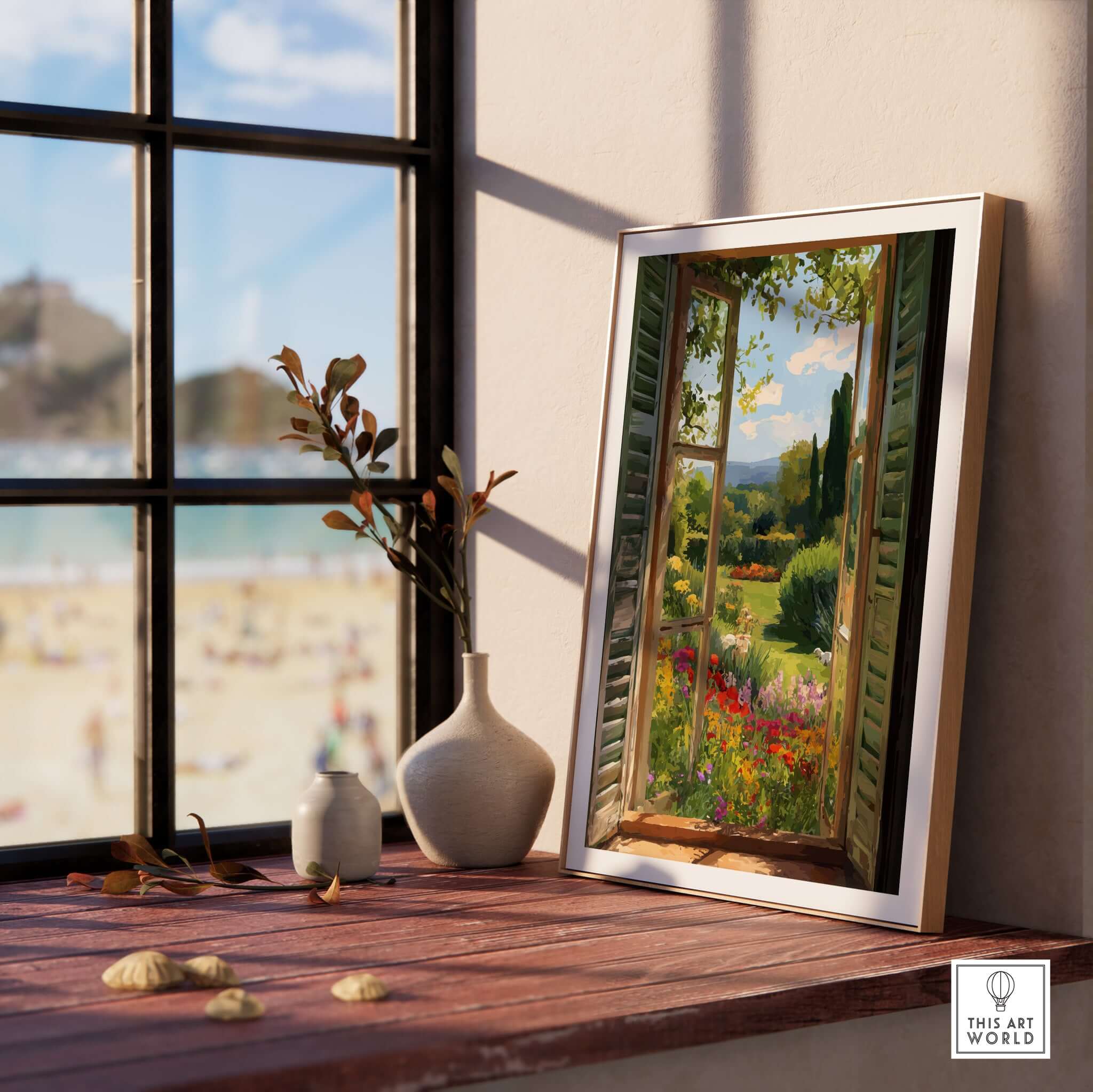 Matisse Open Window Art Print | Vibrant Flower Garden Landscape Poster in Style of Matisse displayed in a bright interior.