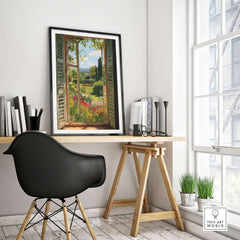 Matisse Open Window Art Print | Vibrant Flower Garden Landscape Poster in Style of Matisse displayed in a cozy workspace.