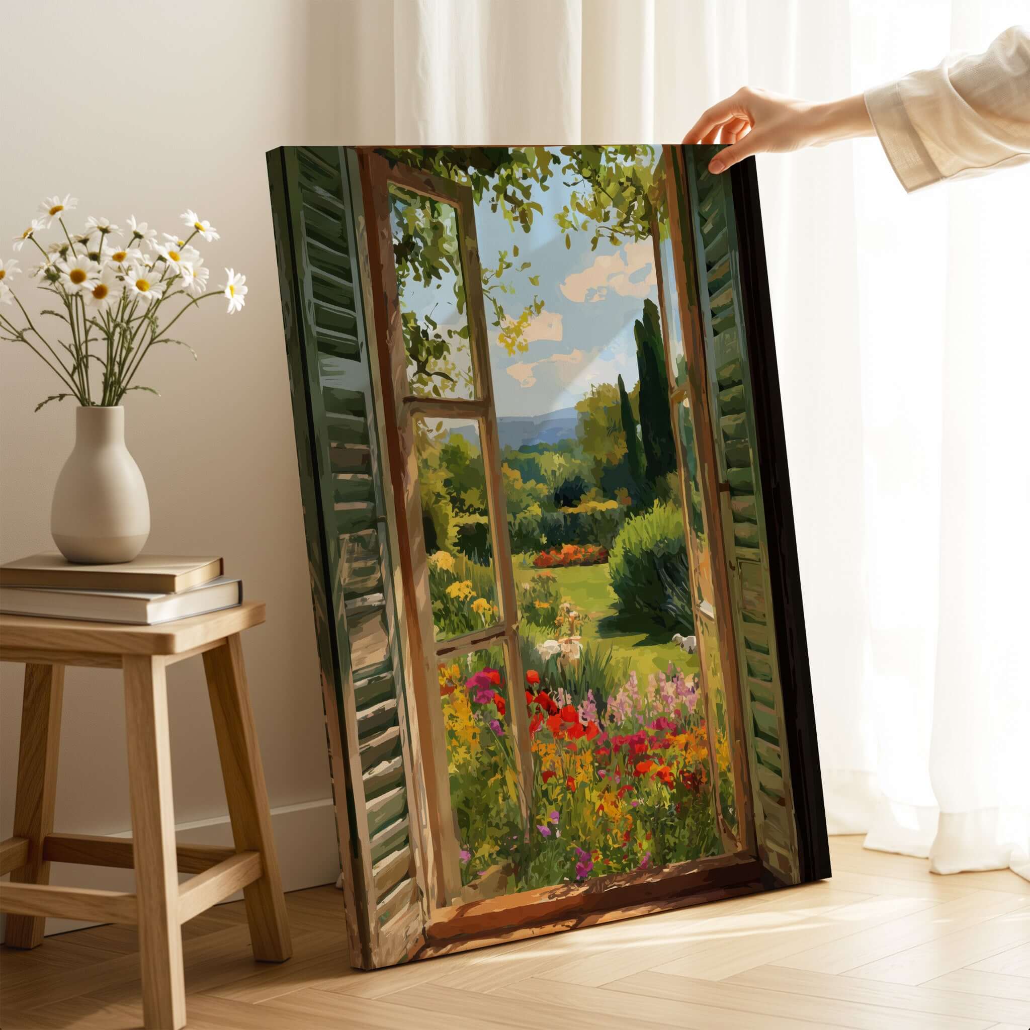 Matisse Open Window Art Print | Vibrant Flower Garden Landscape Poster in Style of Matisse showcasing a lovely garden view.