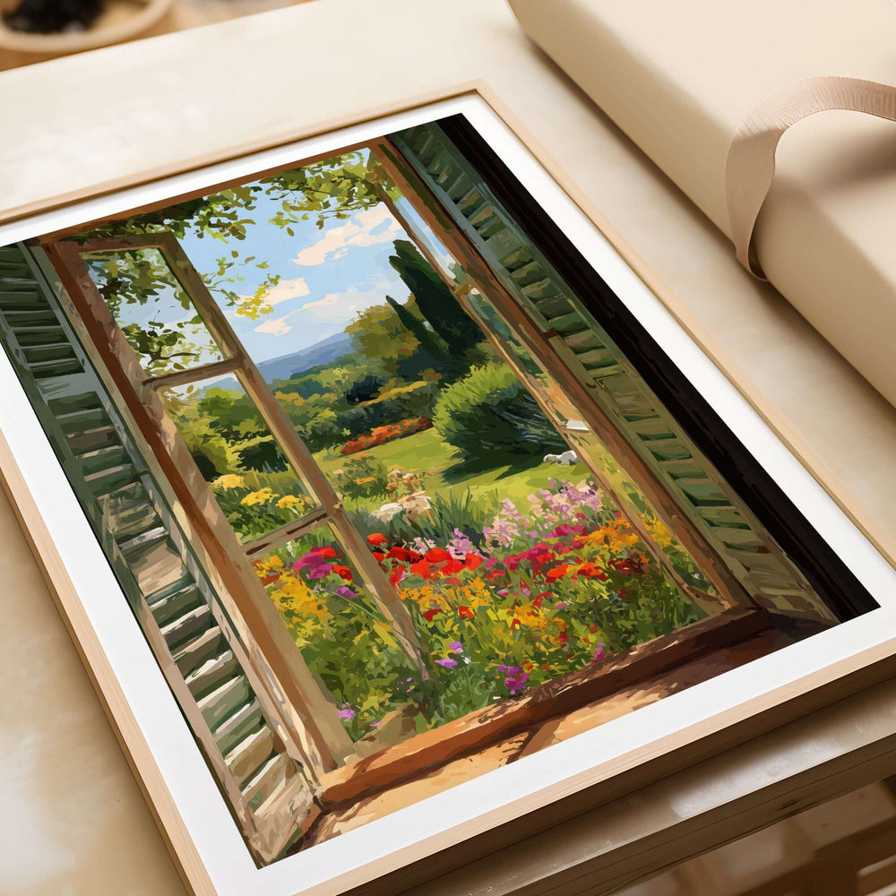 Matisse Open Window Art Print | Vibrant Flower Garden Landscape Poster in Style of Matisse with blooming flowers and scenic view.