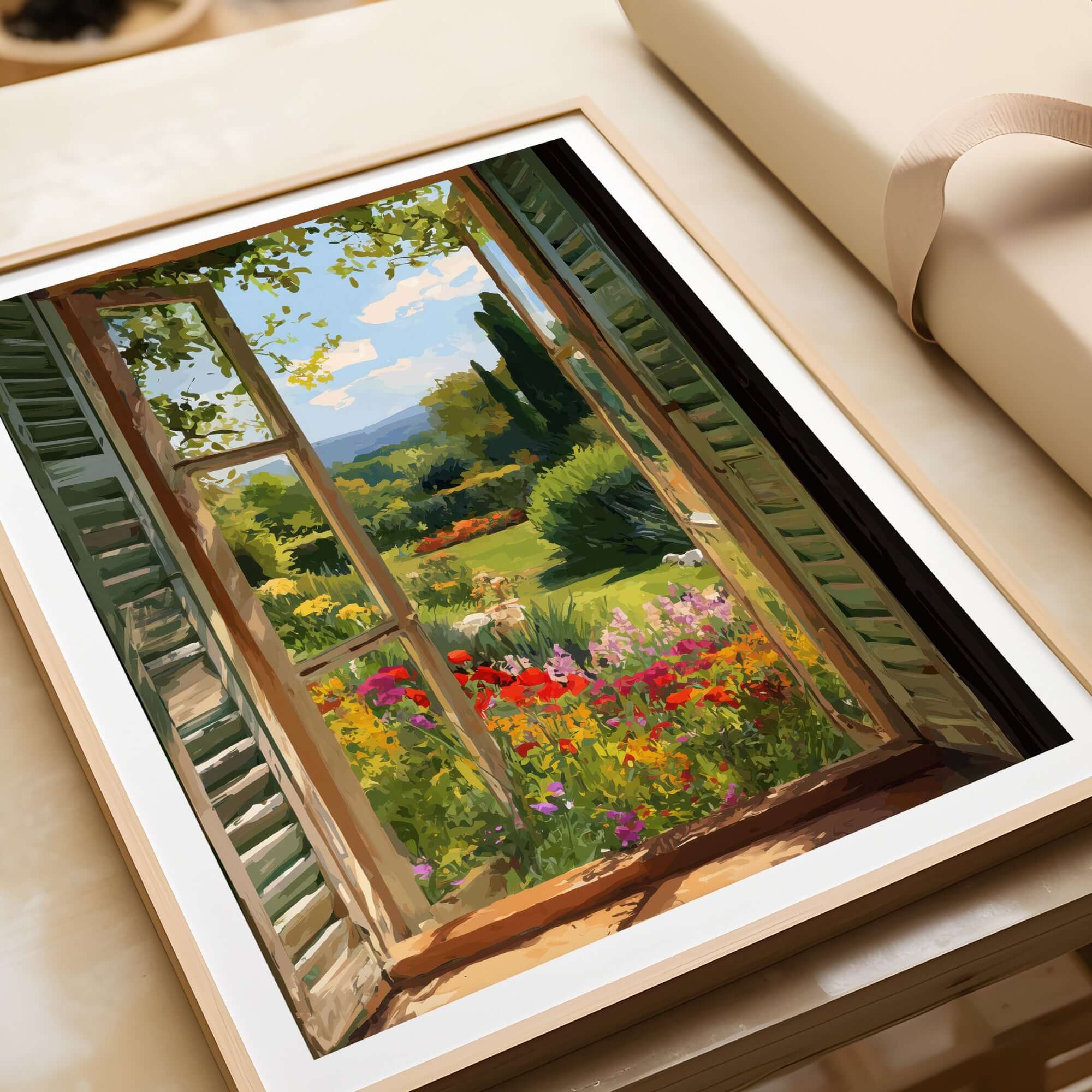 Matisse Open Window Art Print | Vibrant Flower Garden Landscape Poster in Style of Matisse with blooming flowers and scenic view.
