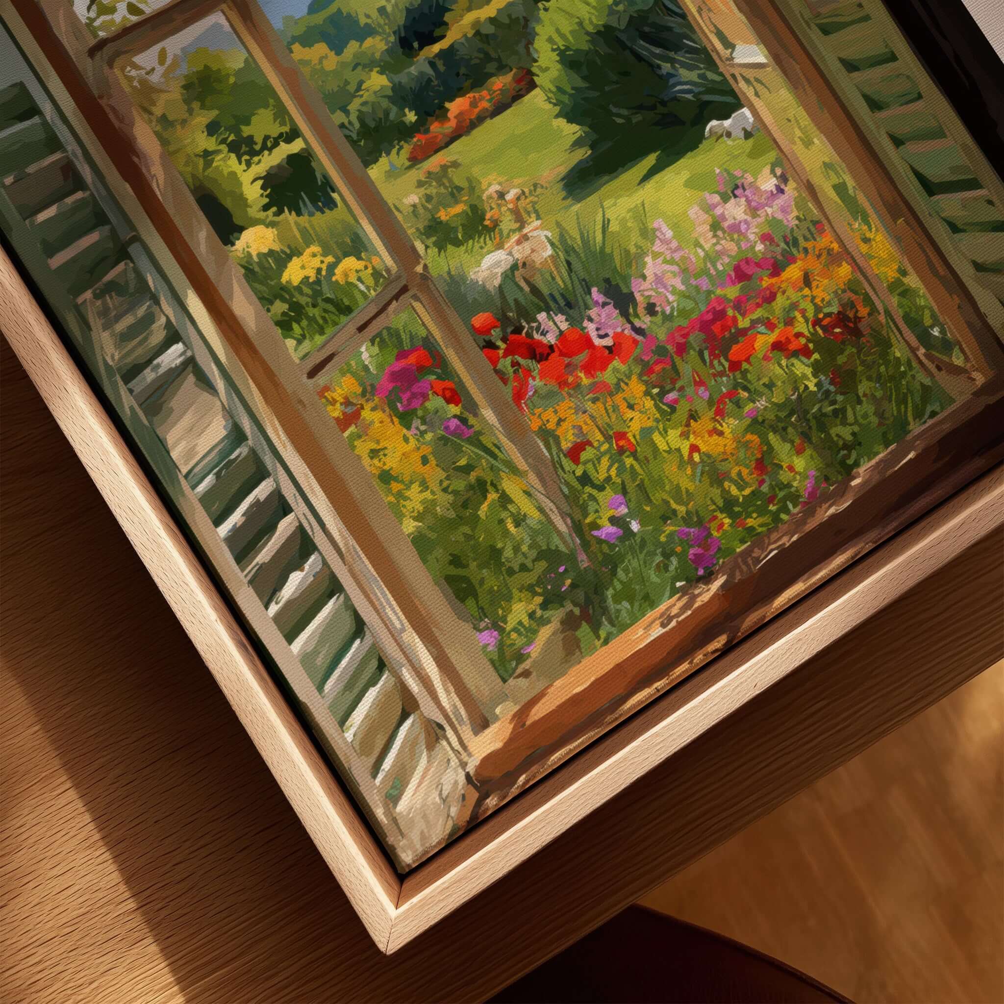 Matisse Open Window Art Print | Vibrant Flower Garden Landscape Poster in Style of Matisse depicting blooming flowers through an open window.