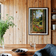 Matisse Open Window Art Print | Vibrant Flower Garden Landscape Poster in Style of Matisse displayed in a rustic home setting.