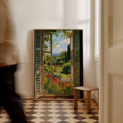 Matisse Open Window Art Print | Vibrant Flower Garden Landscape Poster in Style of Matisse in a beautiful interior setting.