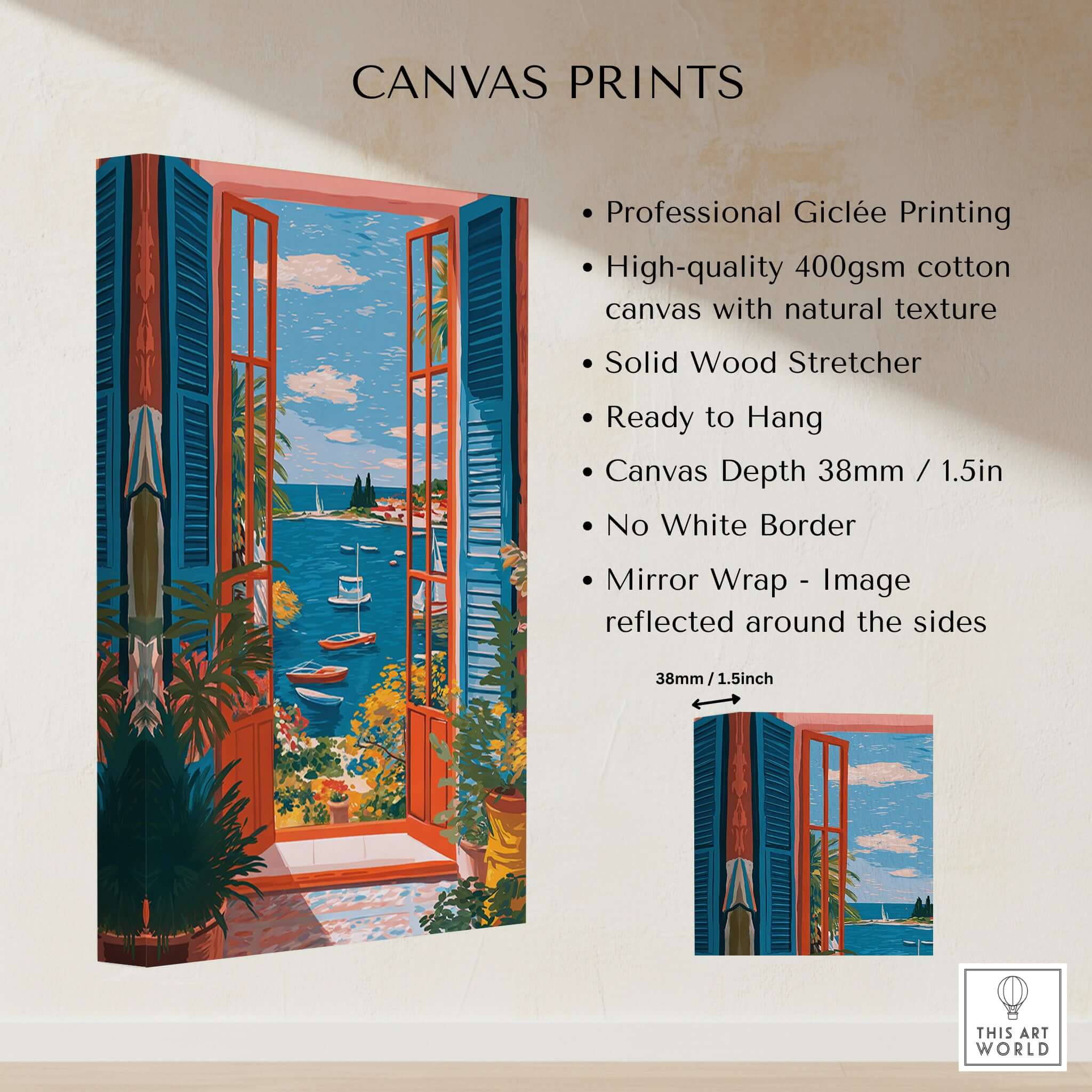 Matisse Open Window Sea View Balcony Art Print | Matisse Inspired showcasing vibrant Mediterranean scene with blue and warm tones.