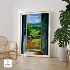 Matisse Open Window English Garden Print | Red Poppies and Green Shutters Wall Decor featuring vibrant countryside view.