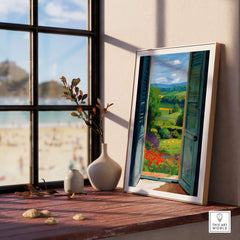 Matisse Open Window English Garden Print | Red Poppies and Green Shutters Wall Decor displayed on a sunny windowsill.