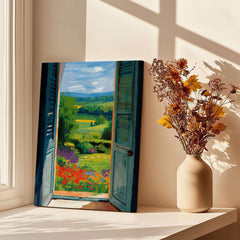 Matisse Open Window English Garden Print | Red Poppies and Green Shutters Wall Decor featuring bright flowers and scenic view.