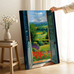 Matisse Open Window English Garden Print | Red Poppies and Green Shutters Wall Decor featuring vibrant blooms and scenic view.