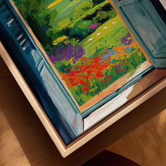 Matisse Open Window English Garden Print | Red Poppies and Green Shutters Wall Decor featuring vibrant flowers and lush greenery.