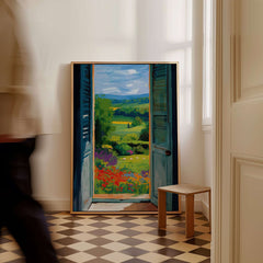 Matisse Open Window English Garden Print | Red Poppies and Green Shutters Wall Decor capturing an English garden view.