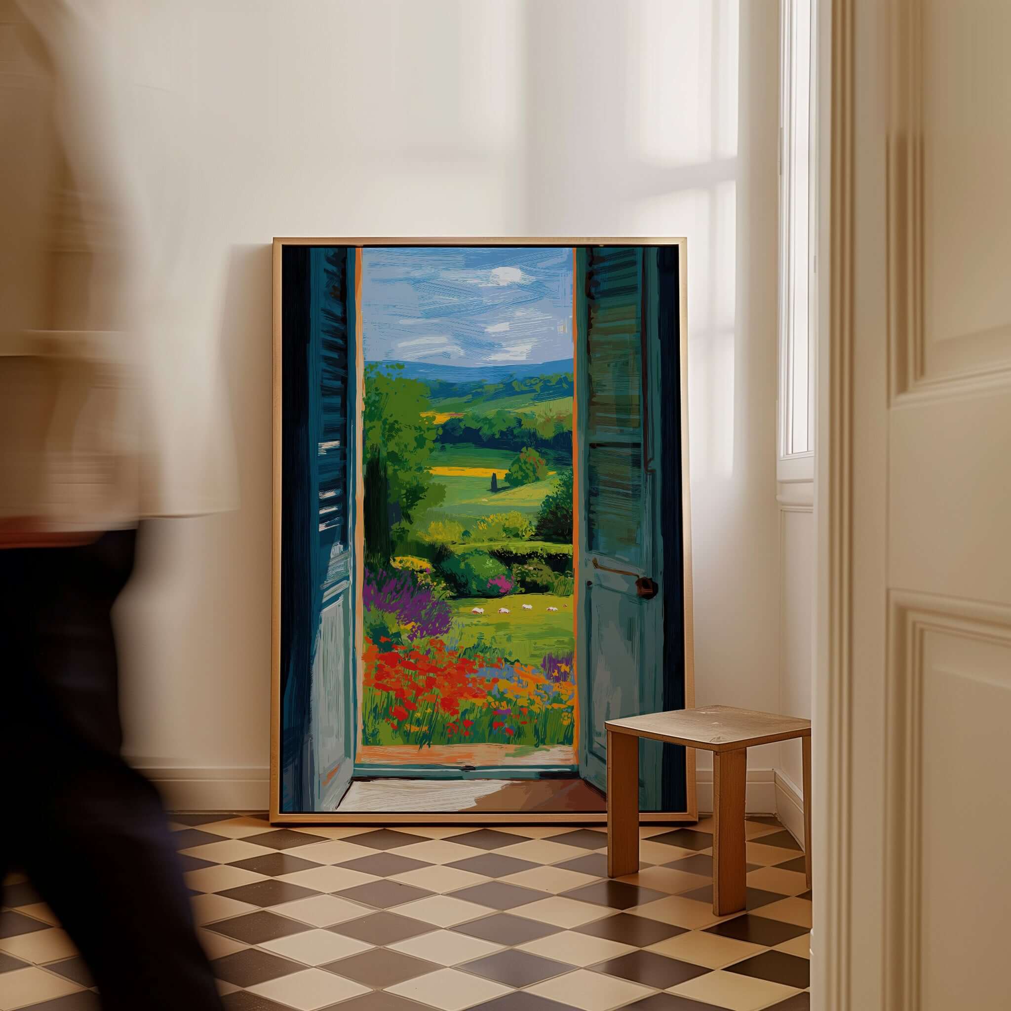 Matisse Open Window English Garden Print | Red Poppies and Green Shutters Wall Decor capturing an English garden view.