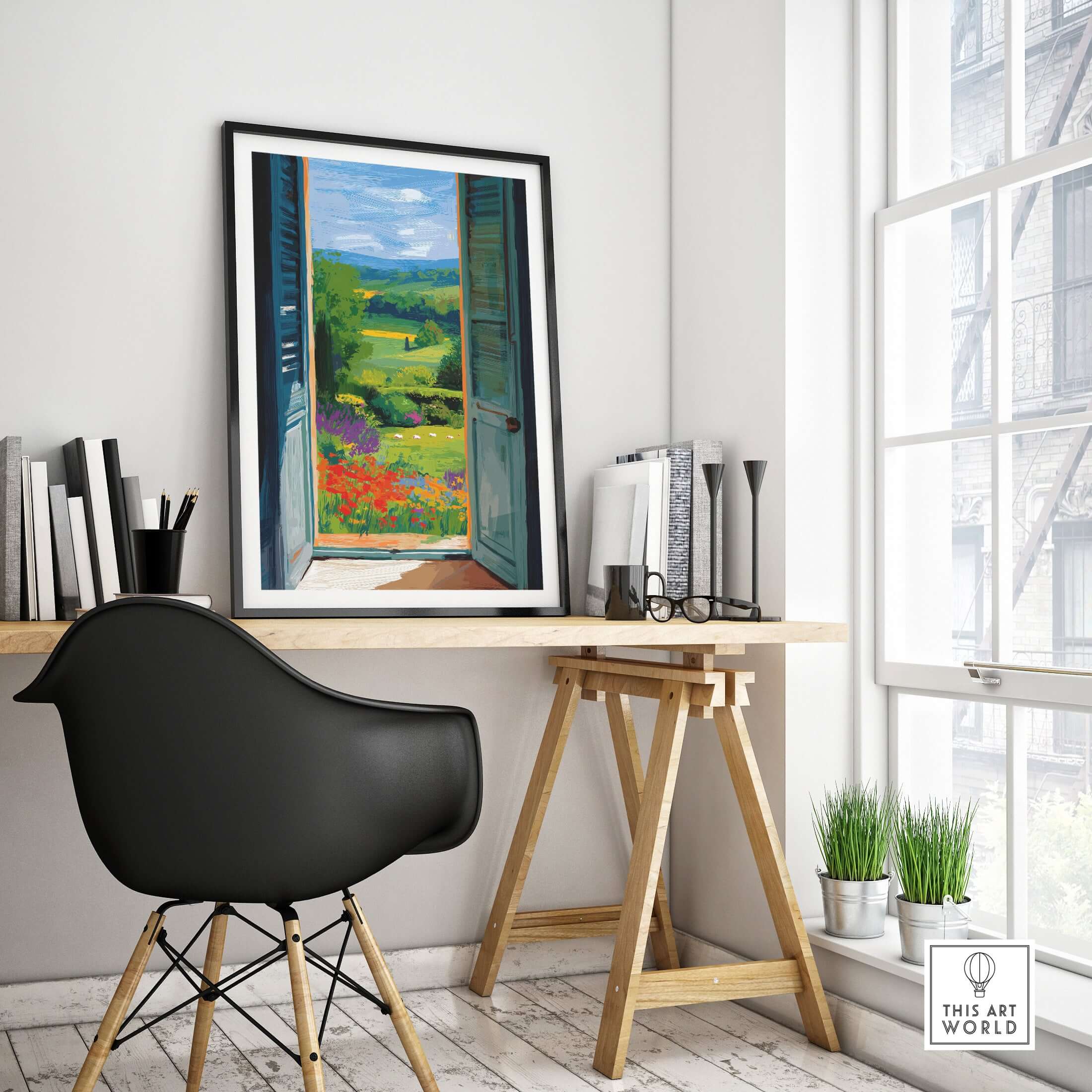 Matisse Open Window English Garden Print | Red Poppies and Green Shutters Wall Decor displayed in a bright room.