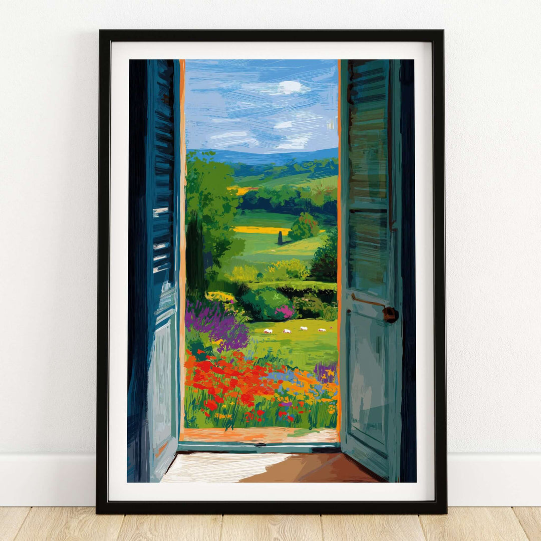 Matisse Open Window English Garden Print | Red Poppies and Green Shutters Wall Decor with scenic view and colorful flowers.