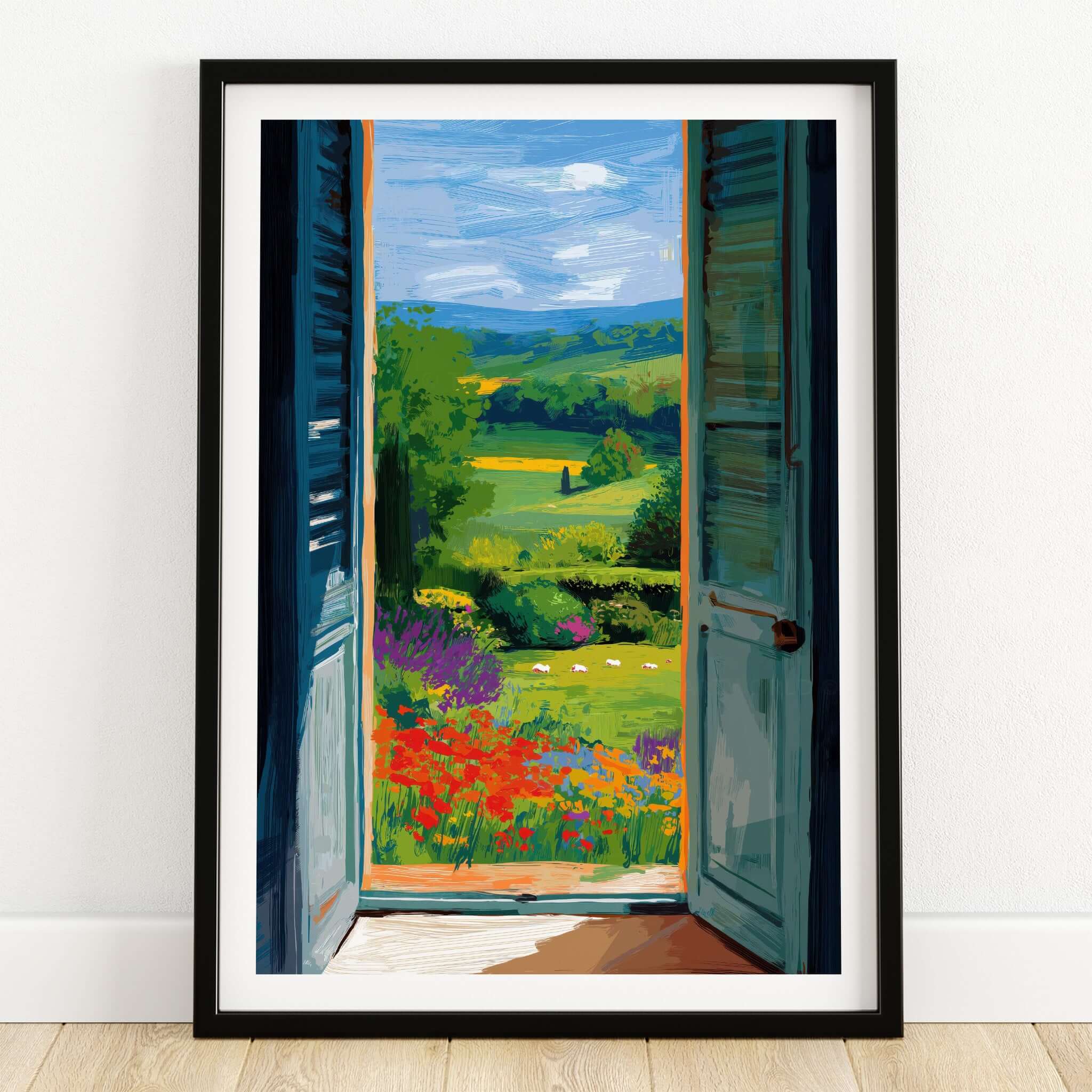 Matisse Open Window English Garden Print | Red Poppies and Green Shutters Wall Decor with scenic view and colorful flowers.