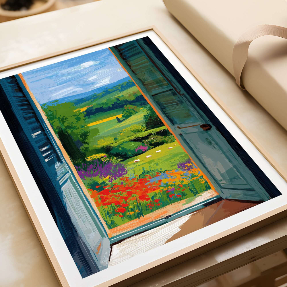 Matisse Open Window English Garden Print | Red Poppies and Green Shutters Wall Decor showcasing vibrant garden view.