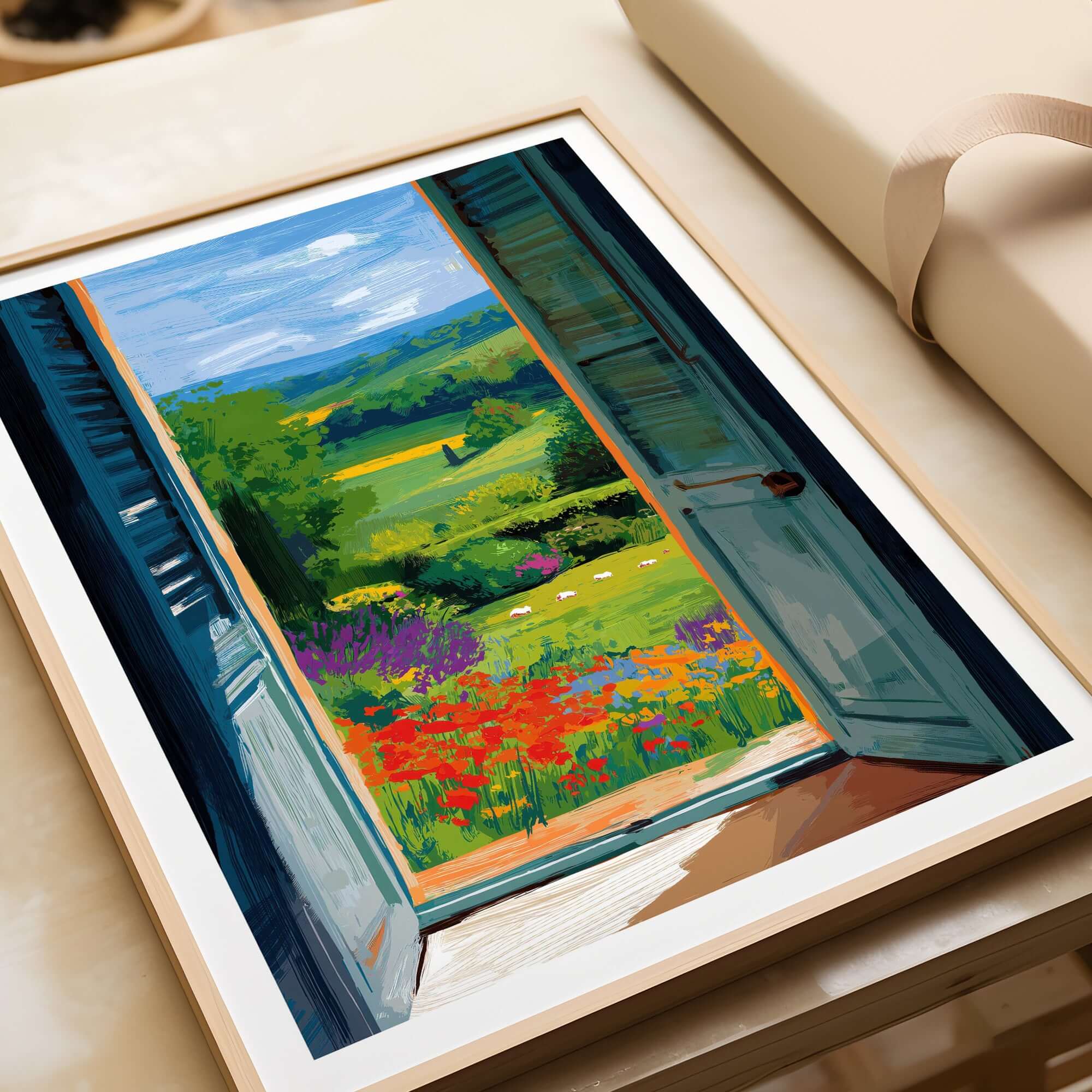 Matisse Open Window English Garden Print | Red Poppies and Green Shutters Wall Decor showcasing vibrant garden view.