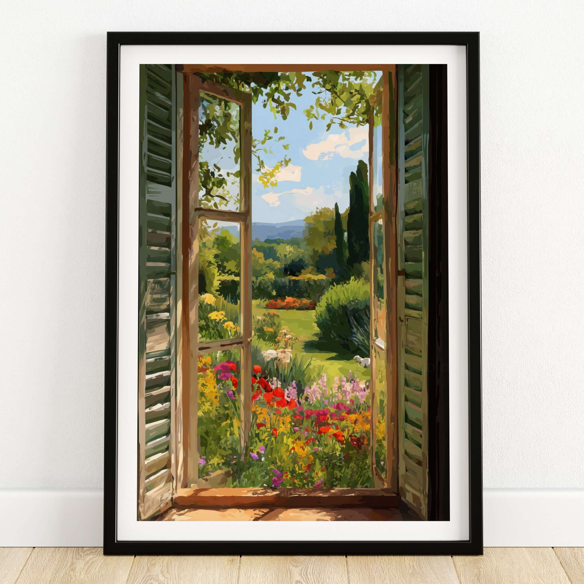 Matisse Open Window Art Print | Vibrant Flower Garden Landscape Poster in Style of Matisse framed on a wall.