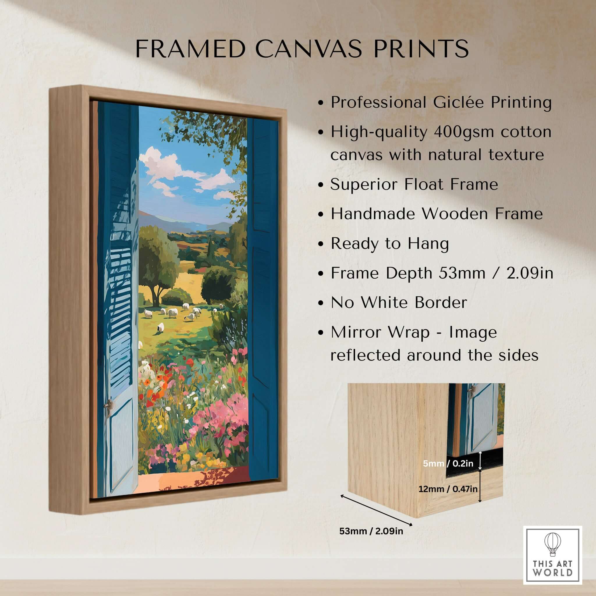 Matisse Open Window Art Print | Country View with Sheep Poster in a handmade wooden frame and vibrant colors.