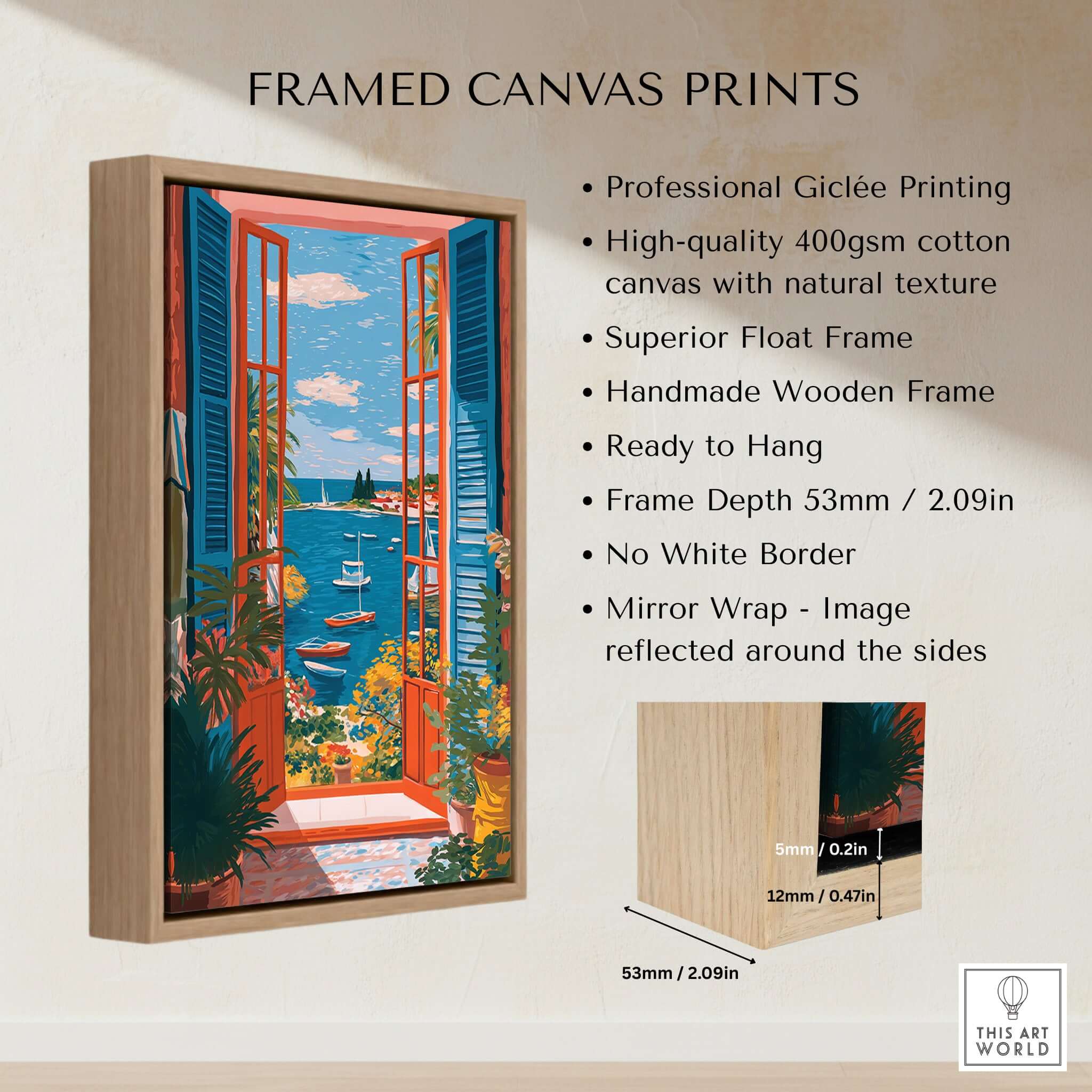Matisse Open Window Sea View Balcony Art Print | Matisse Inspired framed canvas print with handmade wooden frame.